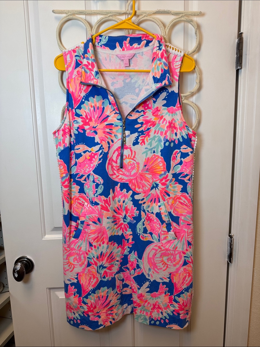 Lilly Pulitzer Sleeveless Floral Half Zip Dress in Blue Pink Coral White Trim